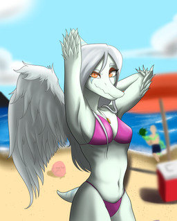 amber_(gem) amber_(material) anthro anthro_focus bald beach bikini blue_body breasts buried buried_in_sand canon_couple carrying_another clothed clothed_anthro clothed_female clothing cloud cooler day feathered_wings feathers female female_focus front_view green_body green_hair grey_body grey_feathers grey_hair group hair hands_behind_head human_on_anthro interspecies jewelry long_hair looking_at_viewer male male/female markings medium_breasts navel necklace non-mammal_navel orange_eyes outside purple_bikini purple_clothing purple_swimwear romantic romantic_couple sand sea shadow short_hair short_tail side_boob sky slim_anthro slim_female smile solo_focus standing striped_markings stripes swimwear tail two-piece_swimsuit water wings jaaayyaaay cavemanon_studios goodbye_volcano_high i_wani_hug_that_gator ko_op_(game_developer) snoot_game anon_(snoot_game) fang_(gvh) inco_(iwhtg) olivia_halford baryonyx dinosaur human mammal prehistoric_species pterosaur reptile saurischian scalie spinosaurid theropod absurd_res colored hi_res portrait shaded three-quarter_portrait