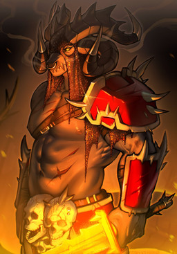 abs armor bone facial_piercing horn looking_at_viewer male melee_weapon muscular muscular_male navel nipples nose_piercing nose_ring pauldron piercing ring_piercing scar skull solo standing sword weapon noizen warhammer_(franchise) beastman_(warhammer) colored hi_res portrait