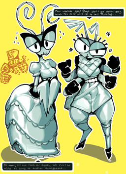 2_antennae 4_arms antennae_(anatomy) anthro anthro_focus armor black_clothing black_eyes black_gloves black_handwear black_speech_bubble breasts clothed clothed_anthro clothed_female clothing cross-popping_vein curled_antennae dialogue dress duo_focus ellipsis eyelashes eyewear female female_anthro female_focus fist gesture glasses gloves group half-closed_eyes hand_gesture handwear looking_at_viewer male male_humanoid mandibles medium_breasts multi_arm multi_limb narrowed_eyes outline pose question_mark rectangular_speech_bubble simple_background standing talking_to_viewer text thumbs_up trio wearing_glasses white_outline white_sclera white_text yellow_background goatboydraws fight_knight fight_knight_(character) june_(fight_knight) may_(fight_knight) arthropod humanoid insect mantis 2025 digital_media_(artwork) english_text hi_res shaded