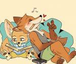 3_toes 4_fingers anthro barefoot black_nose book bottomwear clothed clothing duo eyes_closed feet fingers fully_clothed heart_symbol male musical_note musical_symbol pawpads shorts sitting symbol tape_recorder toes saku1saya disney zootopia finnick_(zootopia) nick_wilde canid canine fennec_fox fox mammal red_fox true_fox 2016 absurd_res hi_res