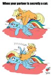 acting_like_a_cat back_massage blonde_hair blue_body blue_fur blush cutie_mark duo female feral freckles fur green_eyes hair lying massage open_mouth orange_body orange_fur text tongue tongue_out wings yawn julunis14 friendship_is_magic hasbro my_little_pony mythology applejack_(mlp) rainbow_dash_(mlp) earth_pony equid equine horse mammal mythological_creature mythological_equine pegasus pony absurd_res english_text flat_colors hi_res