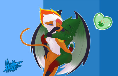 abstract_background against_surface against_wall anthro blue_background bodily_fluids cum cum_in_vagina cum_inside duo feathers feet female freckled_arms freckled_face freckled_shoulders freckles genital_fluids green_body green_feathers heart_symbol holding_partner impregnation internal kiss_on_beak kiss_on_lips kissing male male/female ovum ovum_with_heart scuted_arms scuted_feet scuted_hands scuted_legs scutes simple_background sperm_cell talons text toes wings hachikoakai nintendo pokemon eira_(eiraryyu) avian bird corvid generation_4_pokemon haplorhine infernape javan_green_magpie magpie_(corvid) mammal monkey oscine passerine pokemon_(species) primate absurd_res artist_name hi_res signature
