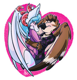 anthro beak biped blue_bottomwear blue_clothing blue_hair blue_pants bottomwear brown_body brown_feathers clothed clothing duo eyelashes feathered_wings feathers female hair hug long_hair male membrane_(anatomy) membranous_wings pants pattern_clothing pattern_shirt pattern_topwear pink_eyes plaid plaid_clothing plaid_shirt plaid_topwear purple_clothing purple_sweater purple_topwear shirt snout spikes spikes_(anatomy) sweater topwear wing_spikes wings starrbunny mythology caitlyn_bellerose rillie_(stonewalter) avian bird dragon mythological_creature mythological_scalie scalie 2021 dated digital_media_(artwork) shaded signature
