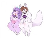 anthro bell belly belly_nipples black_collar blue_horn bone_collar_tag brown_hair collar collar_only collar_tag duo electronics female fluffy game_console gaming hair handheld_console holding_3ds horn looking_at_another male navel nintendo_3ds_console nude pink_collar playing_video_game purple_hair simple_background sitting tail white_background wumbreon nintendo nintendo_3ds nintendo_ds_family jacks_littleheart sabbyth bovid canid canine canis caprine domestic_cat felid feline felis goat hybrid mammal wolf digital_drawing_(artwork) digital_media_(artwork) nonbinary_(lore)