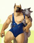2019 4:5 5_fingers abstract_background anthro assisted_exposure balls biceps black_body black_fur black_muzzle black_nose blue_clothing bottomless brown_nipples bulge canid canine canis claws clothed clothing countershade_snout countershading detailed_bulge domestic_dog duo erection erection_under_clothing fffffolder fingers fur genital_outline genitals grabbing_from_behind grey_body grey_fur hi_res kissing licking male male/male mammal mostly_nude muscular muscular_male muscular_thighs naughty_face neck_lick nipples one_eye_closed penis penis_outline pit_bull short_tail simple_background snout tail tan_body tan_fur teeth thick_thighs tongue tongue_out torn_clothing wolf wrestler wrestling_singlet yellow_background