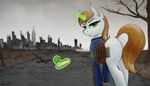 butt city cityscape dock_(anatomy) female feral gun horn looking_at_viewer looking_back magic plant ranged_weapon rear_view ruins saddle_bag solo tail tree wasteland weapon apocheck13 conditional_dnp fallout_equestria hasbro my_little_pony mythology fan_character littlepip equid equine mammal mythological_creature mythological_equine unicorn absurd_res hi_res