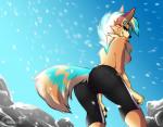 anthro bottomwear breasts butt camel_toe clothed clothing female looking_at_viewer looking_back low-angle_view nipples outside pants presenting presenting_hindquarters snow solo standing tight_clothing topless yoga_pants bunniehkins nieva canid canine canis mammal wolf hi_res