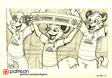 anthro bottomwear cheek_tuft clothed clothing facial_tuft front_view glistening glistening_eyes group hair logo male open_mouth open_smile pants patreon_logo shirt short_hair smile standing t-shirt text topwear trio tuft young young_anthro young_male pandapaco patreon canid canine felid fox mammal pantherine species_request tiger 2017 artist_logo signature spot_color url