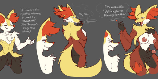 anthro areola big_breasts black_body black_fur breasts cigarette dialogue duo erection foreskin fur genitals grey_background gynomorph gynomorph/male humanoid_genitalia humanoid_penis intersex intersex/male male nipples orange_body orange_fur penis red_body red_fur reveal simple_background tail text white_body white_fur yellow_body yellow_fur chorsinnell39 nintendo pokemon braixen canid delphox generation_6_pokemon mammal pokemon_(species) 2022 english_text hi_res