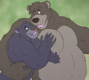 anthro barazoku belly black_body black_fur duo fur hug interspecies kemono love male male/male melanistic one_eye_closed overweight overweight_male whiskers wink gadoran disney the_jungle_book bagheera_(jungle_book) baloo bear felid leopard mammal pantherine sloth_bear ursine 2020
