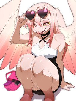 5_fingers anthro back_wings beak bedroom_eyes bent_legs bodily_fluids bottomwear breasts clothing dress dripping eye_contact feathered_wings feathers female fingers glistening glistening_body hair heart_eyes heart_sunglasses heart_symbol long_hair looking_at_another looking_at_viewer multicolored_hair narrowed_eyes non-mammal_breasts open_mouth open_smile pink_body purse seductive sitting skirt slim small_breasts smile solo sweat thick_thighs two_tone_hair wings yellow_sclera kissrabbit_s2 enix_(kissrabbit_s2) avian bird 2026 digital_media_(artwork)