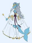 ambiguous_gender anthro blue_body boots clothed clothing dress fin fish_tail footwear fully_clothed fyrefestisland grey_hair hair headgear headwear humanoid_hands shoes solo staff tail tail_fin drawfee_(copyright) neopets aoi_zaizen_(karina_farek) marine neopet_(species) peophin_(neopets) royal_neopet colored full-length_portrait hi_res portrait