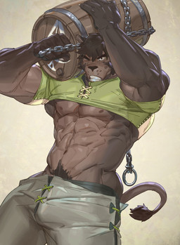 abs anthro barrel biceps black_nose black_pawpads bottomwear brown_body brown_fur brown_hair bulge card chain claws clenched_teeth clothed clothing finger_claws fur green_clothing green_shirt green_topwear grey_bottomwear grey_clothing grey_pants hair holding_barrel male navel nipples one_eye_closed pants pawpads pecs playing_card pubes raised_clothing raised_shirt raised_topwear shirt solo tail tail_tuft teeth topwear tuft tooboshoo felid lion mammal pantherine 2021 hi_res