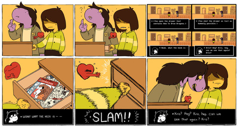ambiguous_gender anthro black_eyes blush blush_lines bodily_fluids book bottomwear brown_bottomwear brown_clothing brown_hair brown_pants clenched_teeth clothed clothing dialogue drawer exclamation_point female flower freckles green_clothing green_jacket green_topwear hair hair_over_eyes hand_in_pocket heart_symbol humor jacket long_hair long_sleeves looking_away magazine pants pattern_clothing pattern_shirt pattern_topwear plant pockets purple_body purple_skin screencap sharp_teeth shirt soul striped_clothing striped_shirt striped_topwear stripes sweat sweatdrop tan_clothing tan_shirt tan_topwear teeth text topwear yellow_body yellow_sclera yellow_skin yellow_teeth spoiledart deltarune mythology undertale_(series) kris_dreemurr susie_(deltarune) dragon human mammal mythological_creature mythological_scalie scalie soul_(undertale) absurd_res comic english_text hi_res reference_image