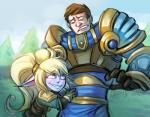 2017 5_fingers armor armwear blonde_hair blush brown_hair clothed clothing cloud cover cover_art cover_page duo english_text female fingers frown fur garen_(lol) gloves grass hair handwear hug human humanoid larger_male league_of_legends long_ears long_hair looking_down looking_up male mammal outside plant poppy_(lol) purple_body purple_eyes purple_fur purple_skin riot_games short_hair short_stack simple_background size_difference sky smaller_female smile standing te4moon_(artist) teamoon tencent text tree yordle