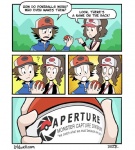 brown_hair clothing female hair hat headgear headwear male not_furry o_o pokeball shocked standard_pokeball text caldwell_tanner aperture_science nintendo pokemon portal_(series) valve hilbert_(pokemon) hilda_(pokemon) pokemon_trainer human mammal comic crossover english_text url