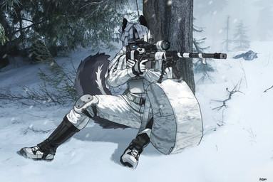 5_fingers anthro biped blue_eyes bottomwear clothed clothed_anthro clothed_male clothing fingers footwear fully_clothed fully_clothed_anthro fully_clothed_male fur gloves grey_body grey_fur grey_tail gun handwear holding_gun holding_object holding_ranged_weapon holding_weapon male outside ranged_weapon shoes sitting sitting_on_ground snow solo tail topwear weapon winter pgm300 canid canine mammal 2025 absurd_res digital_drawing_(artwork) digital_media_(artwork) hi_res