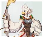 anthro armor bow_(weapon) clothed clothing falcon_bow feathers holding_object holding_weapon looking_at_viewer male ranged_weapon simple_background smile solo standing weapon white_body white_feathers arijuno breath_of_the_wild nintendo the_legend_of_zelda teba_(tloz) avian bird rito 2019 half-length_portrait hi_res portrait