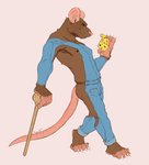 anthro bottomwear brown_body brown_fur cheese clothed clothing dairy_products denim denim_bottomwear denim_clothing food fur jeans looking_at_viewer male nipples pants simple_background skinny_male smile solo standing tail thin_tail walking_stick koorivlf mammal murid murine rat rodent series_(disambiguation) 2021 digital_media_(artwork) signature