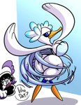 angry anthro beak big_breasts big_butt black_hair blue_eyes breasts butt cleavage clothed clothing duo feathers female hair non-mammal_breasts pose question_mark smile text thick_thighs white_body sachasketchy kirby_(series) kirby_and_the_forgotten_land nintendo fleurina lilandra_(sachasketchy) anatid anseriform anserinae avian bird swan english_text hi_res