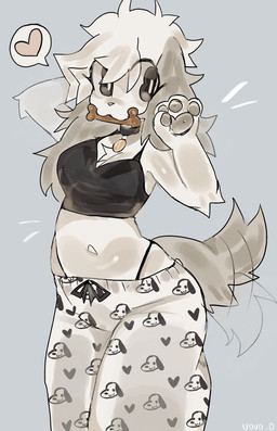 anthro big_breasts black_clothing black_eyes black_thong black_topwear black_underwear bone breasts clothing collar collar_tag dark_ears dog_food dog_treat female floppy_ears fluffy fluffy_ears fluffy_tail fur hair long_ears looking_sideways lop_ears messy_hair pajamas pawpads paws pet_food solo standing tail tail_motion tailwag tan_body tan_fur tan_pawpads thong thong_straps topwear underwear wide_hips uovo peanuts_(comic) snoopy ume_(uovo) canid canine canis domestic_dog mammal hi_res