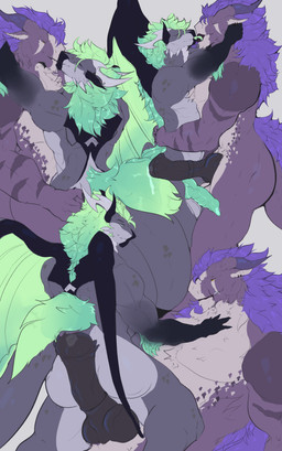 anthro bedroom_eyes bodily_fluids butt claw_fingers comic_panel dripping duo felkin_penis fluffy fluffy_chest french_kissing fur genital_fluids genitals green_eyes green_hair hair hand_on_butt horn hot_dogging kiss_on_lips kissing knot knotted_penis larger_male male male/male markings muscular muscular_anthro muscular_male narrowed_eyes nude page_number penis precum precum_drip purple_body purple_fur raised_tail raj_(akocto) scale_markings scales seductive sex size_difference spread_wings striped_markings stripes tail wings yellow_eyes akocto mythology demonium dragon felkin mythological_creature mythological_scalie scalie absurd_res digital_drawing_(artwork) digital_media_(artwork) hi_res