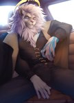 anthro blue_eyes car clothed clothing costume fur hair male office_clothing smile solo vehicle sunnyowi epic_games fortnite lionel_messi felid lion mammal pantherine 2024 hi_res