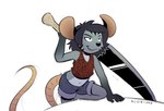 anthro bare_shoulders big_ears big_sword bottomwear climbing clothing crop_top female fur gloves_(marking) long_tail markings midrff shirt shorts solo striped_body striped_fur stripes sword_over_shoulder tail topwear robin_dassen waffleverse waffles_(waffleverse) mammal mouse murid murine rodent