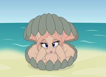 beach clam_pony eyeshadow face_squish fangs female feral looking_at_viewer makeup open_mouth open_smile outside sand sea sky smile solo squish teeth water badumsquish hasbro my_little_pony fan_character shelsea_(badumsquish) aquatic bivalve clam equid equine horse mammal mollusk monster pony absurd_res hi_res