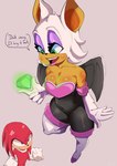 anthro armwear bat_wings bodysuit breasts chaos_emerald cleavage clothed clothing cross-popping_vein duo elbow_gloves female gem gloves handwear male membrane_(anatomy) membranous_wings open_mouth open_smile simple_background skinsuit smile text tight_clothing wings pudutoast sega sonic_the_hedgehog_(series) knuckles_the_echidna rouge_the_bat bat echidna mammal monotreme absurd_res english_text hi_res