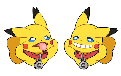 ambiguous_gender bleh blue_eyes cleft_tail collar dipstick_ears duo ear_markings fur grin making_faces multicolored_ears open_mouth red_cheeks simple_background smile tail tongue tongue_out white_background yellow_body yellow_fur tomato-chibi nintendo pokemon generation_1_pokemon mammal pikachu pokemon_(species) 2016 digital_drawing_(artwork) digital_media_(artwork)