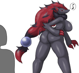 anthro bedroom_eyes big_breasts big_butt black_body black_fur black_hair breasts butt butt_pose claws duo female fur grey_body grey_fur hair half-closed_eyes hand_on_hip long_hair looking_back musical_note musical_symbol narrowed_eyes neck_tuft pokemorph pose presenting presenting_hindquarters red_claws red_hair seductive simple_background smile smirk speech_bubble symbol tuft white_background wide_hips enigi09 nintendo pokemon anon anonymous canid generation_5_pokemon human mammal pokemon_(species) zoroark hi_res
