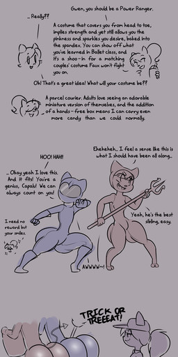 anthro big_butt butt clothing costume dialogue dick_in_a_box female group halloween_costume holidays huge_butt loli male size_difference smaller_male text tight_clothing tiptoes tricked trio young young_anthro norithics halloween bethany_blacksboro capalu_nei gwen_mason domestic_cat felid feline felis mammal mephitid skunk vampire absurd_res comic english_text hi_res