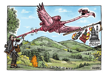 anthro baroque_architecture border burning burning_building clothed clothing cloud day detailed_background duo facial_hair feathers feral fire fuel_tank grass gun hat headgear headwear hill holding_object industrial_architecture kremlin male military mustache oil_rig outside pink_body pink_feathers plant political_cartoon politics ranged_weapon russia russian russian_federation sky spasskaya_tower standing text top_hat tree truck ukraine ukrainian vehicle vyshyvanka war weapon white_border oleksiy_kustovsky russo-ukrainian_war avian bird flamingo human mammal digital_media_(artwork) english_text signature