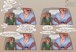 4_panel_comic 5_fingers absurd_res age_difference anthro antlers big_breasts blue_clothing blue_shirt blue_topwear breasts brown_body brown_fur car cleavage clothed clothing comic constrained deer dialogue driving duo english_text eyewear female fingers fur glasses green_clothing green_shirt green_topwear hi_res horn huge_breasts hyper hyper_breasts inside_car larger_female lighter_belly long_neck male male/female mammal mature_female red_body reptile sandra_(somekindofsnake) scalie scott_(somekindofsnake) shirt simple_background size_difference smaller_male snake somekindofsnake speech_bubble teasing text topwear vehicle younger_male