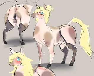 animal_genitalia animal_vulva anus blonde_hair blue_eyes breasts clothing ears_up equine_anus equine_genitalia equine_vulva eyewear female feral genitals glasses hair hair_bun hooves legwear markings solo spots spotted_body stockings tail tan_body teats vulva squaresville equid equine horse mammal hi_res multiple_images