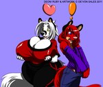 anthro big_breasts bottomwear breasts clothing crossgender duo exclamation_point female ftm_crossgender fur hair heart_symbol huge_breasts male markings mole_(marking) mtf_crossgender open_mouth pants purple_eyes red_body red_fur red_hair shirt thick_thighs topwear white_body white_fur white_hair yellow_eyes deonwolf deon_(deonwolf) ruby_(deonwolf) canid canine canis fox mammal wolf 2011 digital_media_(artwork)