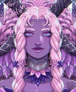 aegyo_sal anime_style bangs blue_eyes braided_hair curly_hair eyelashes female flower hair horn leaf lips long_hair looking_at_viewer not_furry pink_hair plant purple_body purple_skin solo text thick_lips blackberreh horned_humanoid humanoid mammal absurd_res digital_media_(artwork) english_text hi_res