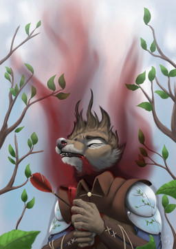 anthro armor arrow_(weapon) blood blood_from_mouth blood_in_mouth bodily_fluids branch brown_body brown_fur clothed clothed_anthro clothed_male clothing dying eyes_closed fluffy fur high-angle_view leaf lying male nosebleed on_back ranged_weapon reflection solo water weapon wet wet_clothing white_body white_fur hyacinth1971 canid canine canis mammal wolf 2026 colored digital_drawing_(artwork) digital_media_(artwork) half-length_portrait hi_res portrait shaded signature
