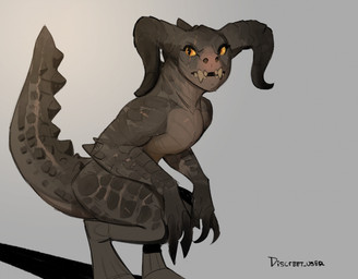 3_fingers ambiguous_feral ambiguous_gender claws digitigrade eye_scar facial_scar feral finger_claws fingers grey_background grey_body grey_scales horn looking_aside orange_eyes scales scar semi-anthro simple_background solo tail teeth yellow_sclera discreet_user fallout microsoft deathclaw scalie 2024 hi_res
