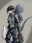 anthro bondage_pants bottomwear clothed clothing collar duo female fin gloves handwear looking_at_viewer pants standing tail syrinoth sashi_(syrinoth) fish marine shark