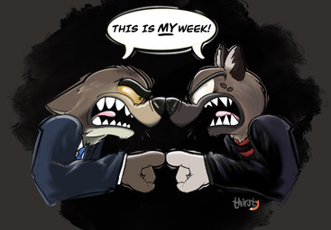 anthro clothing duo jacket leather leather_clothing leather_jacket leather_topwear male pattern_clothing pattern_sweater pattern_topwear simple_background striped_clothing striped_sweater striped_topwear stripes suit sweater text topwear yelling thirstydraws aggretsuko dreamworks sanrio the_bad_guys haida_(aggretsuko) mr._wolf_(the_bad_guys) canid canine canis hyena mammal spotted_hyena wolf digital_drawing_(artwork) digital_media_(artwork) hi_res