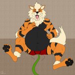 1:1 2022 4_toes 5_fingers anthro arcanine arm_tuft basil_(gt_grackle) belly belly_expansion belly_inflation black_belly black_nose black_pawpads black_stripes clothing enema expansion eyebrows fangs feet fingers fur generation_1_pokemon gt_grackle hair hand_on_belly hi_res hose hose_in_butt hose_inflation inflation liquid_inflation looking_at_belly looking_down looking_down_at_self male mane motion_lines navel neck_tuft nintendo open_mouth orange_body orange_fur pawpads pink_tongue pokemon pokemon_(species) red_clothing red_eyes red_underwear sitting solo stripes teeth toes tongue tongue_out tuft underwear white_hair