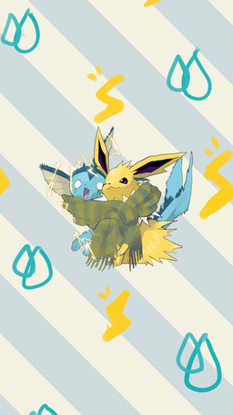 ambiguous_gender blue_body bodily_fluids duo electricity electrified empty_eyes feral fur one_eye_closed open_mouth pattern_background paws purple_eyes scarf simple_background tail tears tongue yellow_body yellow_fur fishburi nintendo pokemon eeveelution generation_1_pokemon jolteon pokemon_(species) vaporeon 2026 9:16 absurd_res hi_res