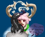 absurd_res anthro antlers balls big_balls deer dialogue duo ejaculation english_text genitals hair hi_res horn human humanoid knot leaf male male/male mammal open_mouth penis pink_eyes pink_hair prehensile_penis smooth_penis text universaldragon