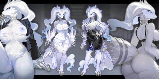 anthro areola big_breasts blue_areola blue_nipples blue_vulva bodily_fluids breasts dominant dominant_female female female_anthro fur genitals mature_female natural_breasts nipples office_lady pokemorph solo spread_legs spreading sweat sweaty_breasts vulva white_body white_fur wide_hips nitemilia nintendo pokemon lunessa generation_5_pokemon legendary_pokemon pokemon_(species) reshiram absurd_res hi_res model_sheet