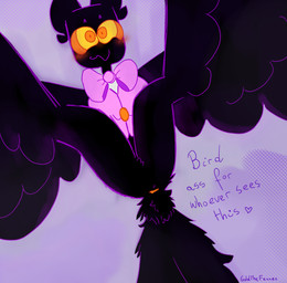 animal_genitalia anthro blush cloaca clothing ear_tuft feathers genitals orange_genitals simple_background solo text topwear tuft underfluffies vest wings anonymousgtf billie_bust_up barnaby_(billie_bust_up) avian bird eared_owl ghost long-eared_owl owl spirit true_owl hi_res
