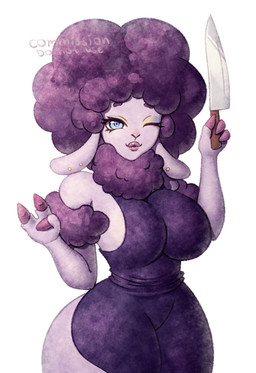 anthro apron apron_only big_breasts big_butt blue_apron blue_clothing blue_eyes breasts butt closed_smile clothing ear_piercing ear_ring eyelashes female fur gesture gold_(metal) gold_ear_ring hooves knife lips lipstick makeup metal mouth_closed one_eye_closed piercing pink_nose pouting purple_body purple_fur purple_hooves purple_lips purple_lipstick purple_wool ring_piercing simple_background smile smiling_at_viewer solo tight_clothing waving white_background wide_hips wool_(fur) wool_hair rispi bovid caprine mammal sheep hi_res