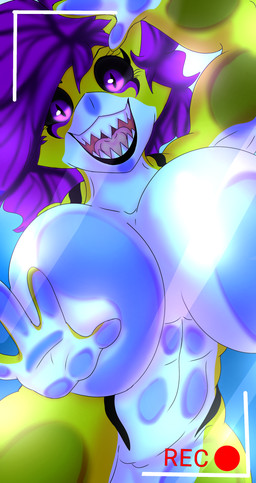 anthro big_breasts breasts camera female hair multicolored_body purple_eyes purple_hair smile solo two_tone_body water white_body yellow_body zynda_ae_(artist) kyume_shark_(character) aquatic fish mammal shark absurd_res digital_media_(artwork) hi_res
