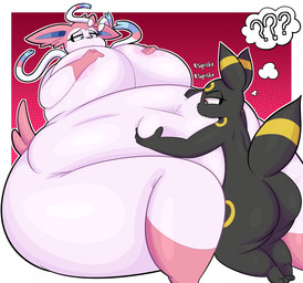 anthro areola arm_markings belly belly_grab belly_play belly_squish big_belly big_breasts big_butt black_body black_fur black_nose blue_eyes bow_ribbon breasts butt duo ear_markings eyebrows fangs female front_view fur glistening glistening_body hair hand_on_another's_belly hand_on_belly head_markings kneeling leg_markings markings narrowed_eyes navel obese obese_female onomatopoeia overweight overweight_female pink_body pink_ears pink_fur pink_hair question_mark red_eyes ribbons shoulder_markings simple_background sitting sound_effects squish tail tail_markings teeth text thick_thighs thigh_markings thinking thought_bubble white_body white_fur wide_hips yellow_body yellow_fur blitzyflair nintendo pokemon eeveelution generation_2_pokemon generation_6_pokemon humanoid pokemon_(species) sylveon umbreon 2025 colored digital_media_(artwork) hi_res shaded